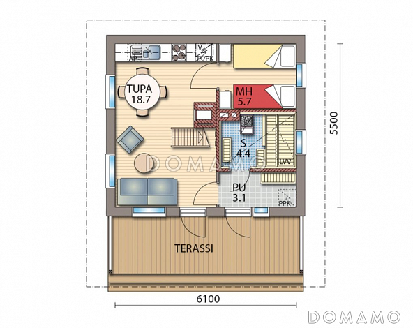Проект каркасной сауны с мансардой / План 1 этажа