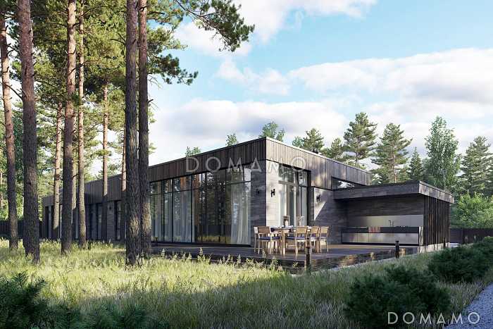 Проект кирпичного дома с навесом для автомобиля, летней кухней на террасе, тремя спальнями и местами для хранения