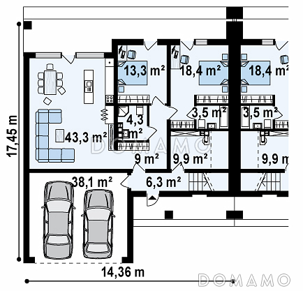 Проект современных мансардных домов-близнецов из газобетона с большим гаражом и открытой террасой на втором этаже / План 1 этажа