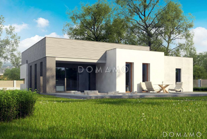 Проект современного одноэтажного дома из газобетона с плоской крышей с тремя спальнями, частично крытой террасой и одноместным гаражом