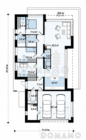 Проект современного одноэтажного дома с плоской кровлей и гаражом на две машины / План 1 этажа