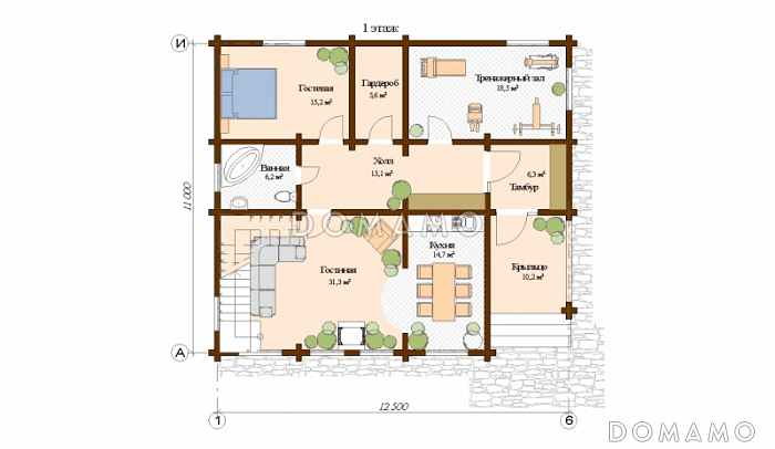 Проект дома с двумя спальнями / План 1 этажа