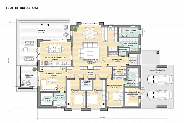 Проект каркасного дома в скандинавском стиле с навесом для двух машин и большой террасой / План 1 этажа