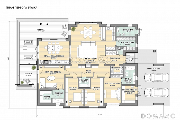 Проект каркасного дома в скандинавском стиле с навесом для двух машин и большой террасой / План 1 этажа