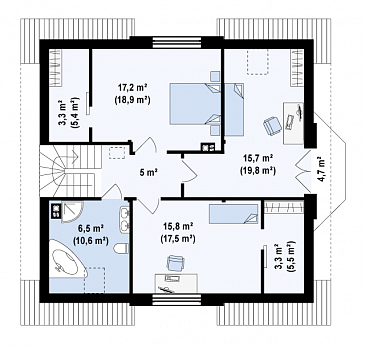 Проект одноэтажного мансардного дома из газобетона с кабинетом, эркером и балконом над ним / План мансардного этажа