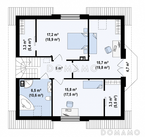 Проект одноэтажного мансардного дома из газобетона с кабинетом, эркером и балконом над ним / План мансардного этажа