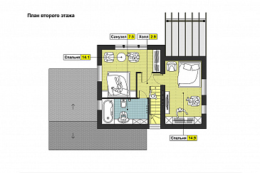 Проект дома с террасой, кухней-столовой с выходом на террасу, санузлом с окном, навесом для автомобиля / План мансардного этажа