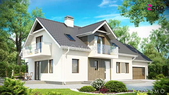 Проект просторного одноэтажного дома из газобетона с тремя спальнями и подсобным помещением на мансардном этаже и со встроенным гаражом