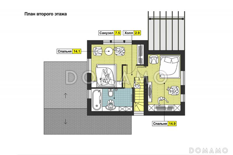Проект дома с террасой, кухней-столовой с выходом на террасу, санузлом с окном, навесом для автомобиля / План мансардного этажа