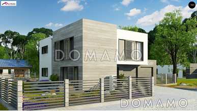 Проект современного двухэтажного дома из газобетона с плоской крышей с четырьмя спальнями, кабинетом и двухместным гаражом