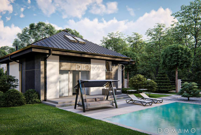 Проект загородного дома с мансардой, гаражом, просторной гостиной с камином, тремя спальнями на мансарде