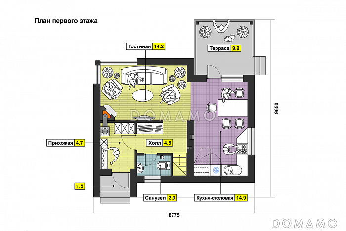 Проект дома с террасой, гостиной с камином, ванной с окном, кухней-столовой / План 1 этажа
