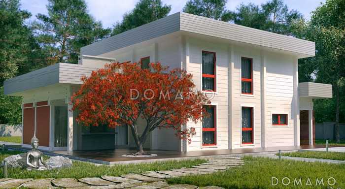 Проект двухэтажного дома из клееного бруса с панорамным остеклением в спальне