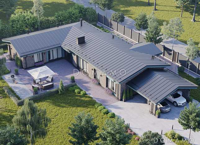 Проект сблокированного Г-образного дома с мастер-спальней, сауной, утепленной террасой