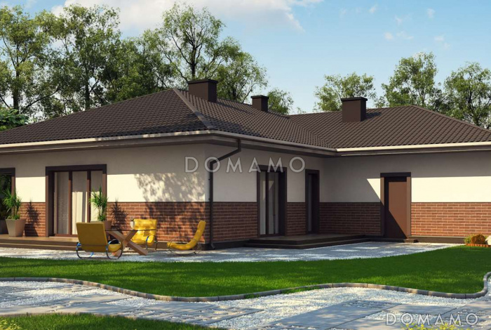 Проект просторного одноэтажного дома из газобетона с тремя спальнями, большой гостиной-столовой и гаражом на два автомобиля