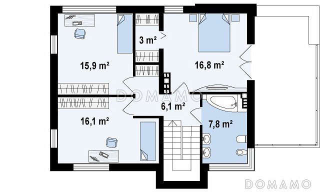 Проект современного двухэтажного дома из газобетона с техническим помещением, гаражом и открытой террасой на втором этаже / План 2 этажа