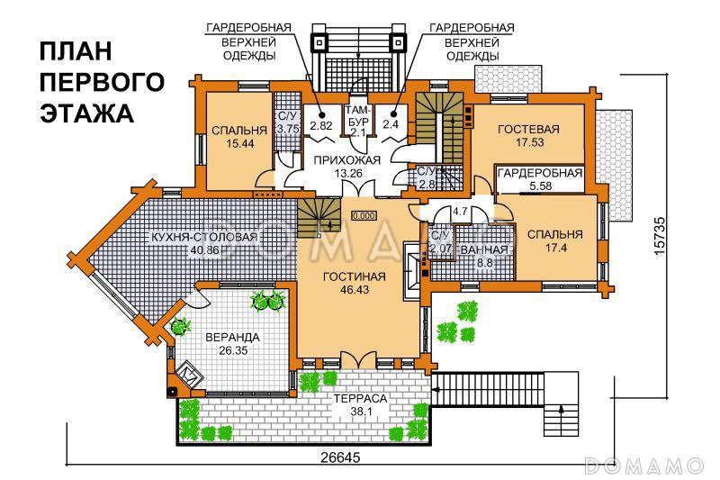 Проект дома современного дома с цокольным этажом для неровных участков / План 1 этажа