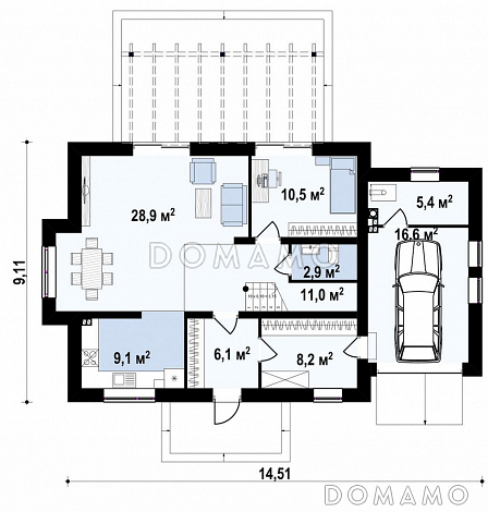 Проект одноэтажного коттеджа из газобетона с мансардным этажом, пятью спальнями и гаражом / План 1 этажа