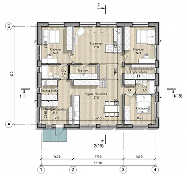 Проект дома с 3 спальнями, кабинетом на мансарде и вторым светом в кухне-столовой / План 1 этажа