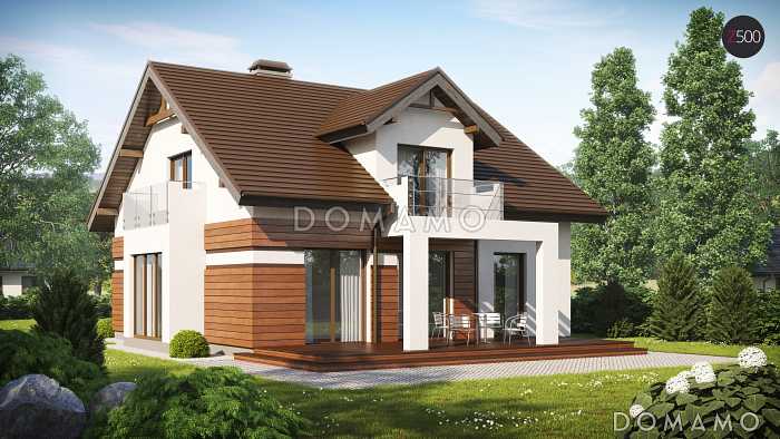 Проект одноэтажного мансардного дома из кирпича с кабинетом, эркером и балконом