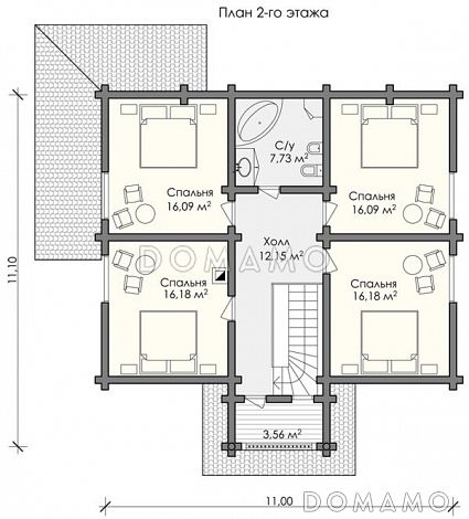 Проект дома  с 4 спальными комнатами, санузлом и небольшим балконом на мансардном этаже / План мансардного этажа