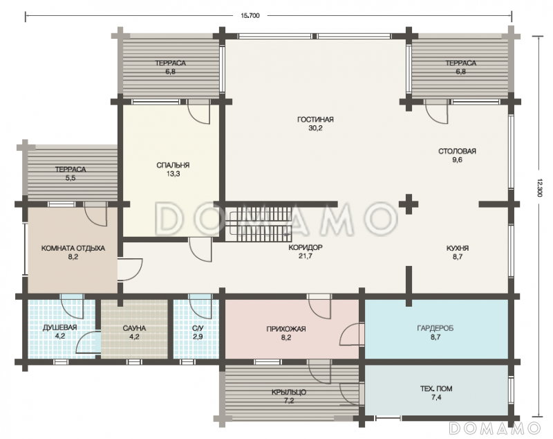 Проект двухэтажного дома из клееного бруса с тремя небольшими террасами на первом этаже / План 1 этажа