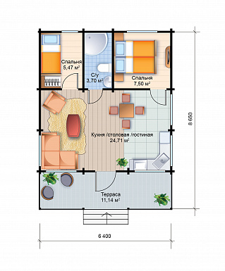 Проект одноэтажного дома с двумя спальнями и санузлом / План 1 этажа