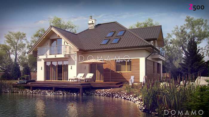 Проект просторного одноэтажного мансардного коттеджа из газобетона с пятью спальнями и гаражом на два автомобиля