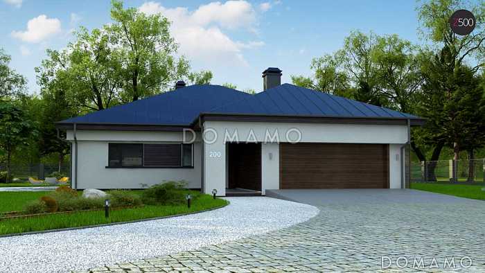 Проект одноэтажного дома из кирпича со стеклянным эркером в более просторной гостиной и гаражом на два автомобиля