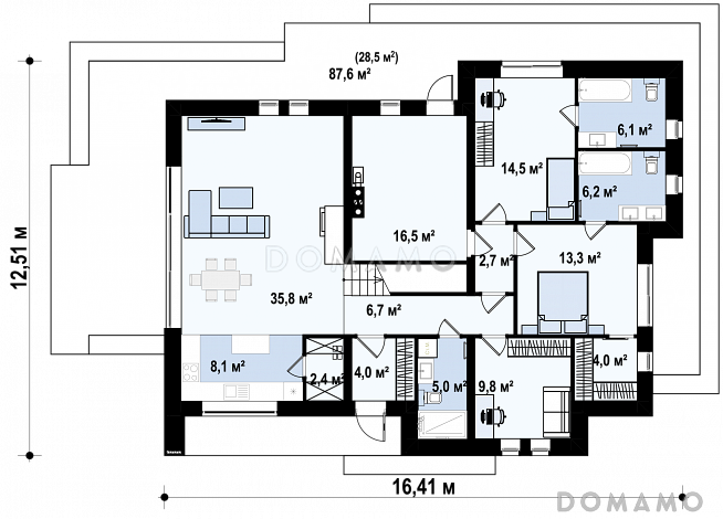 Проект кирпичного дома в стиле барнхаус с кабинетом, комнатой отдыха и увеличенной котельной / План 1 этажа