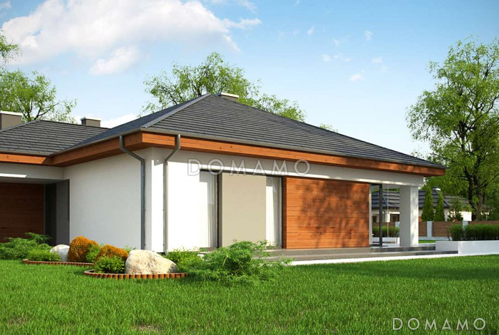 Проект комфортного одноэтажного дома из газобетона с тремя спальнями и пристроенным гаражом на два автомобиля