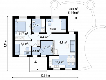 Проект небольшого одноэтажного дома из газобетона с тремя спальнями и красивой угловой террасой  / План 1 этажа