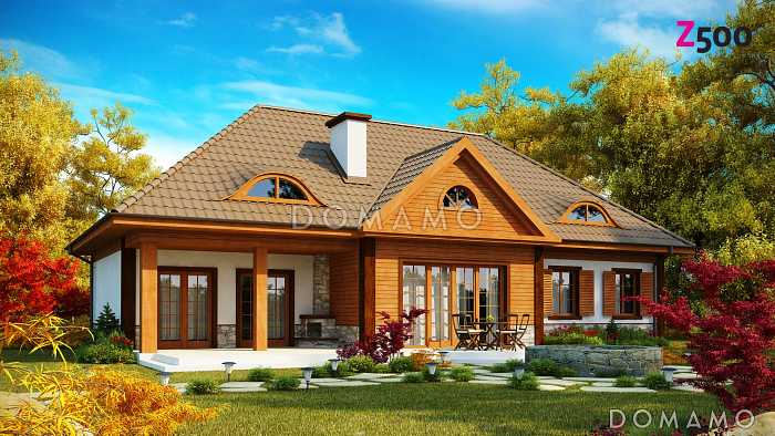 Проект просторного одноэтажного мансардного дома из кирпича с барбекю на крытой угловой террасе