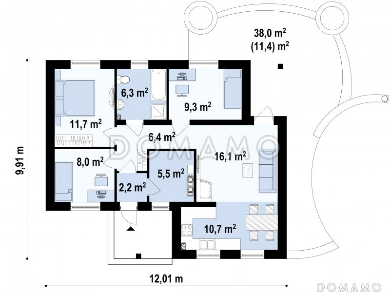 Проект небольшого одноэтажного дома из газобетона с тремя спальнями и красивой угловой террасой  / План 1 этажа