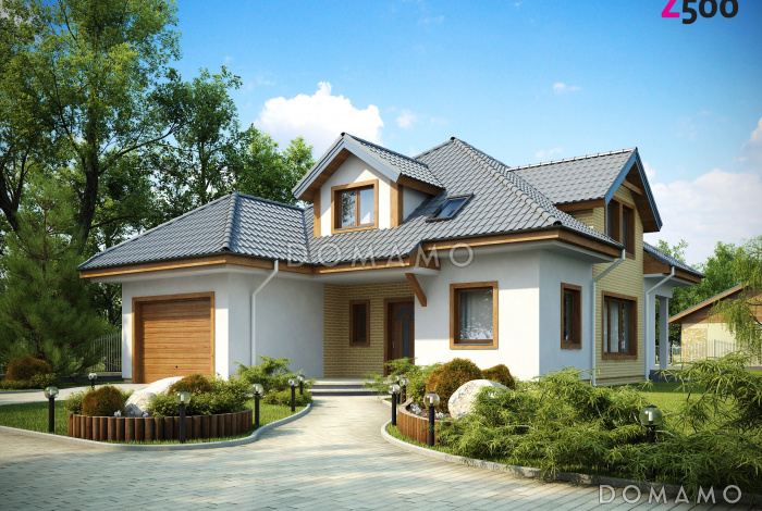 Проект мансардного дома из кирпича с кабинетом, гаражом и техническим помещением