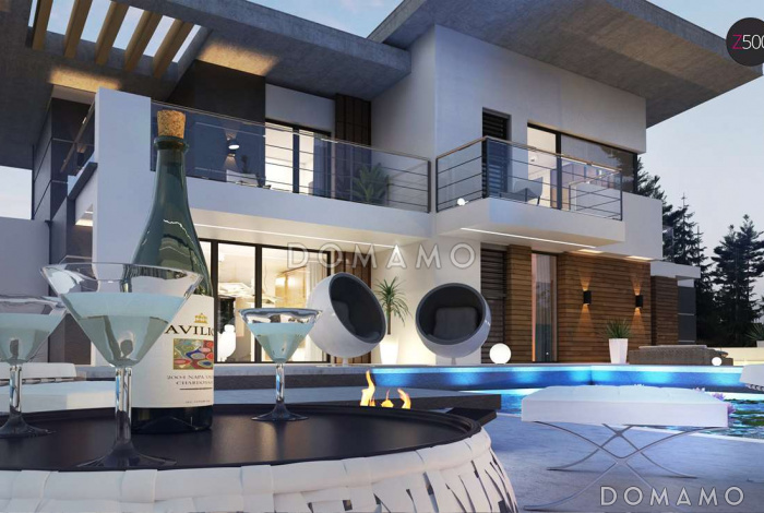 Проект просторного современного двухэтажного дома из кирпича, с пятью комнатами, гаражом и террасой над ним