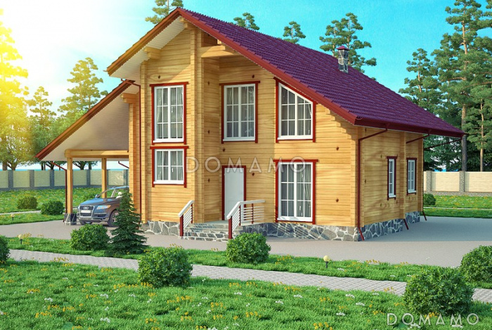 Проект двухэтажного дома из клееного бруса с навесом для авто