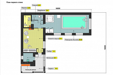 Проект бани с террасой, бассейном, сауной, парилкой и просторной комнатой отдыха / План 1 этажа