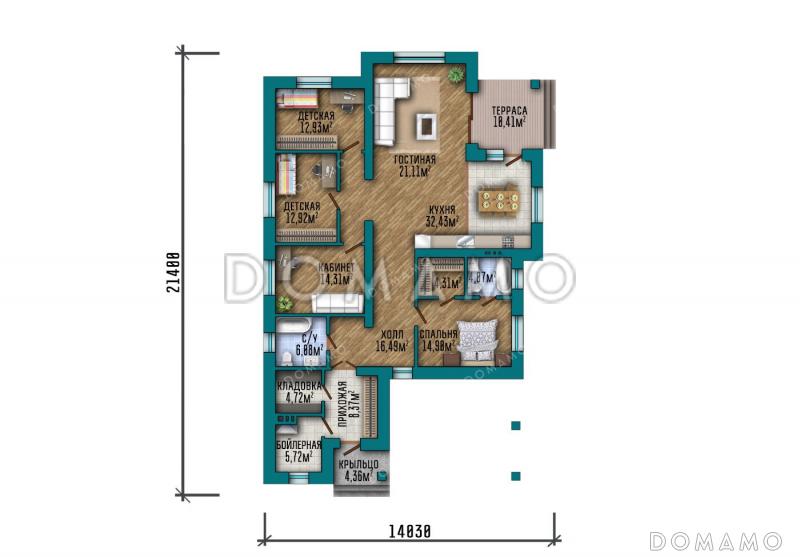 Проект одноэтажного дома с кабинетом, навесом для машины, тремя спальнями и небольшой угловой террасой / План 1 этажа