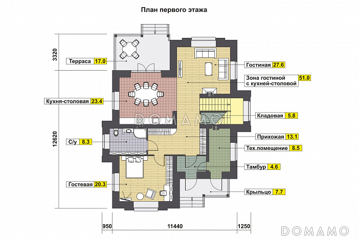 Проект дома с крытой террасой, кладовой под лестницей, гостевой на первом этаже, хозяйской спальней на втором этаже / План 1 этажа