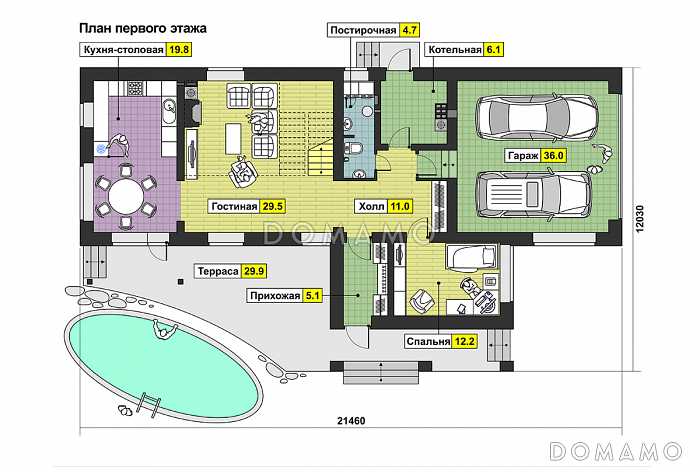 Проект дома с гаражом на две машины, террасой, вторым светом, сауной, двумя балконами / План 1 этажа