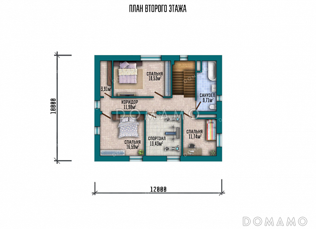 Проект двухэтажного дома с террасой и спортзалом / План 2 этажа