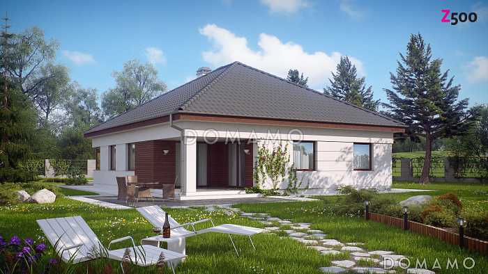 Проект просторного одноэтажного дома из кирпича с кабинетом и тремя спальнями и крытой угловой террасой