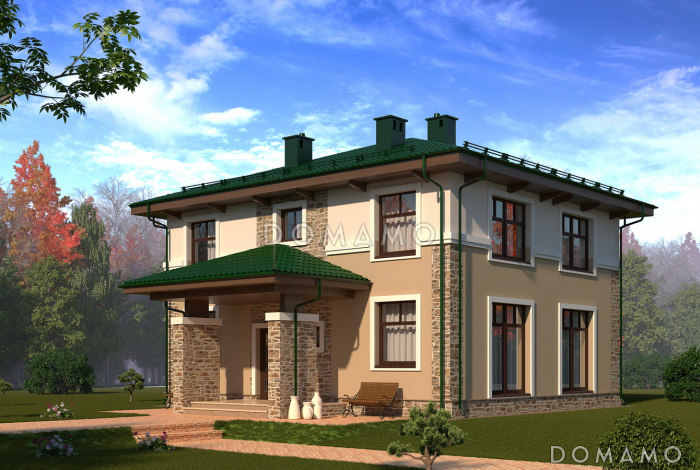 Проект двухцветного коттеджа с двумя гардеробными и большим крыльцом