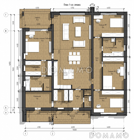 Проект одноэтажного дома с мастер-спальней, просторной кухней-гостиной и блоком с тремя спальнями / План 1 этажа