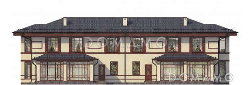 Проект двухэтажного дома на два хозяина с верандой и отдельным входом для каждой семьи / Фасад 3