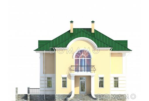 Проект дома с цокольным этажом, бассейном и сауной, кухней с эркером, открытой террасой, бильярдной на мансарде / Фасад 1