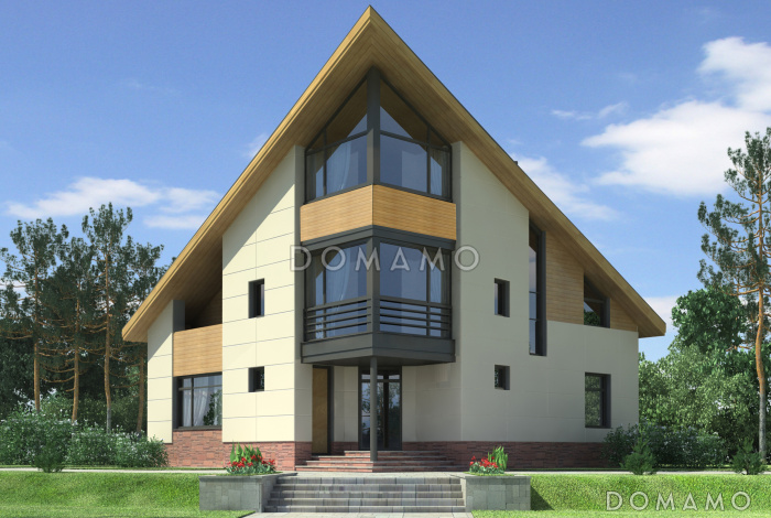 Проект квадратного загородного дома с большой гостиной, кухней-столовой, двумя террасам, комнатой с видовым окном