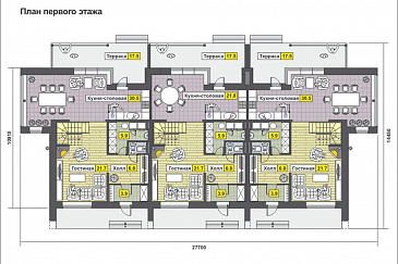 Проект дома с крытой террасой, большой кухней-столовой, просторной гостиной с камином, постирочной, балконом / План 1 этажа