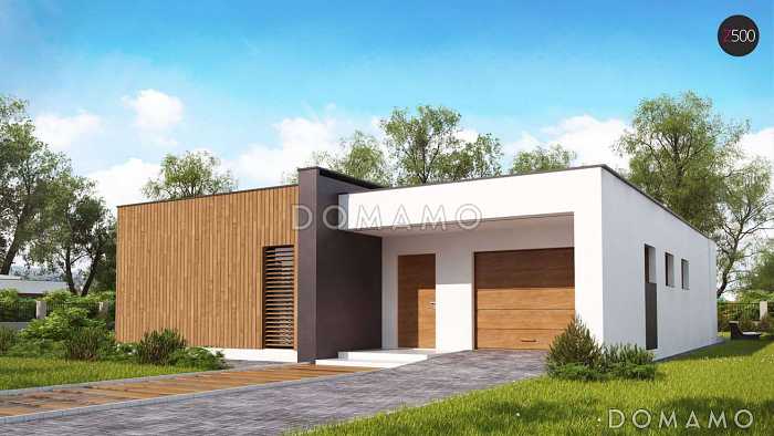 Проект небольшого современного одноэтажного дома из кирпича с плоской крышей с тремя спальнями и гаражом